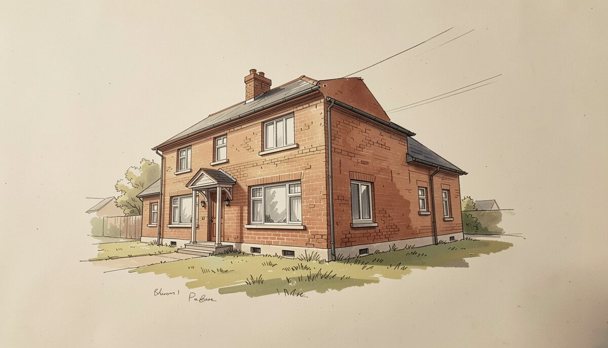 A pen and ink study of a brick house seen from a three-quarter angle, pencil marks still visible under the inked line