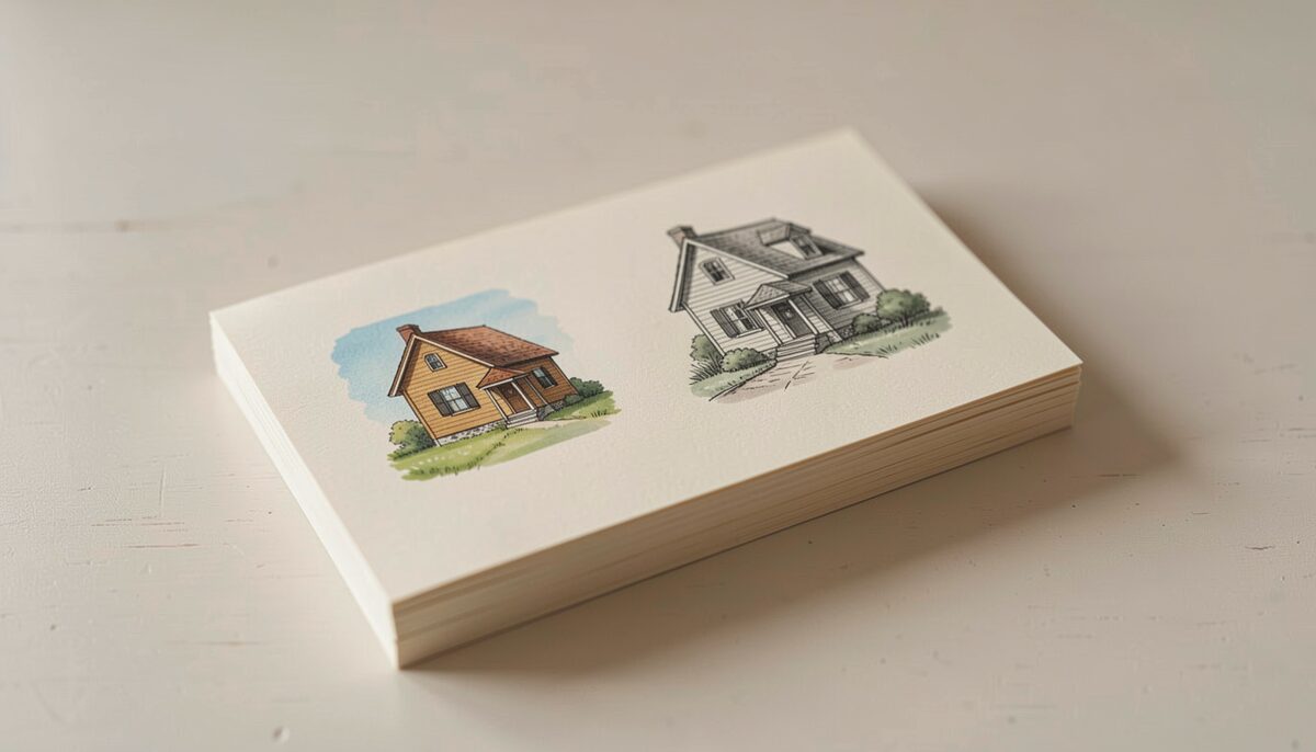 A stack of printed note cards showing the same inked house portrait at reduced size beside the original larger sheet