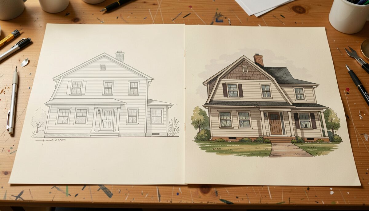 Two studies of the same house side by side, one a flat ruled elevation, the other a shaded three-quarter portrait in ink