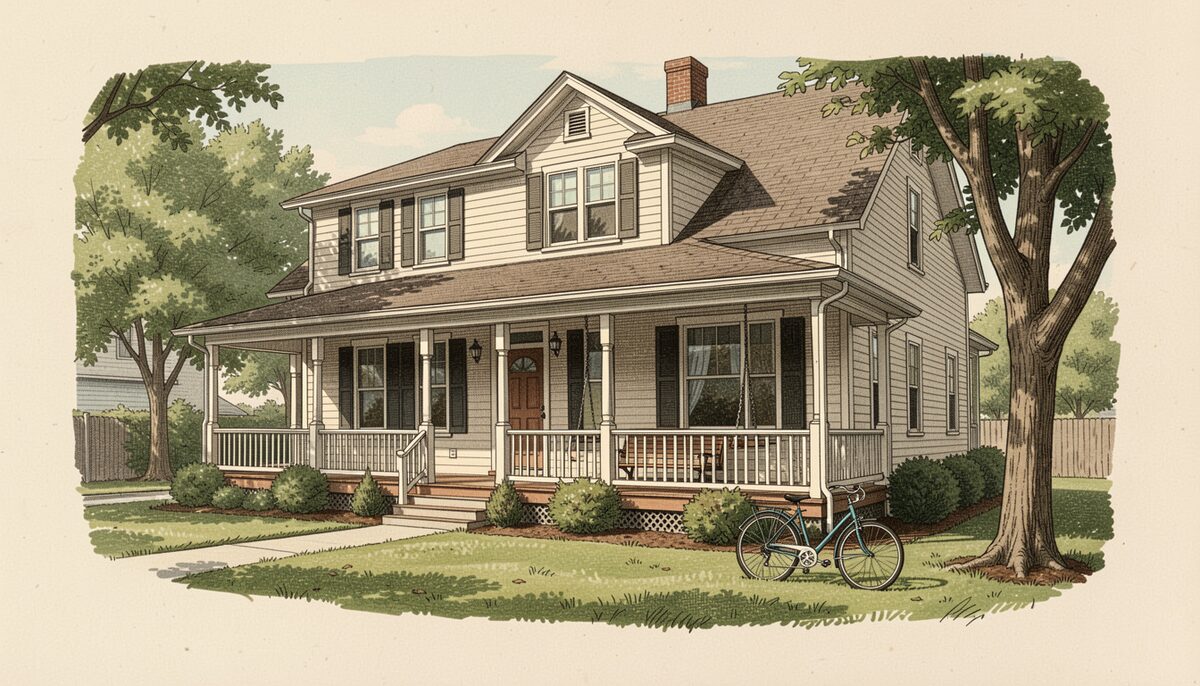 A pen and ink portrait of a foursquare house with a deep porch, a swing on the chains and a bike left on the lawn