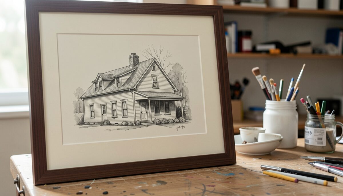 An inked house portrait inside a wide cream window mat, a narrow dark wood frame leaning beside it on a workbench