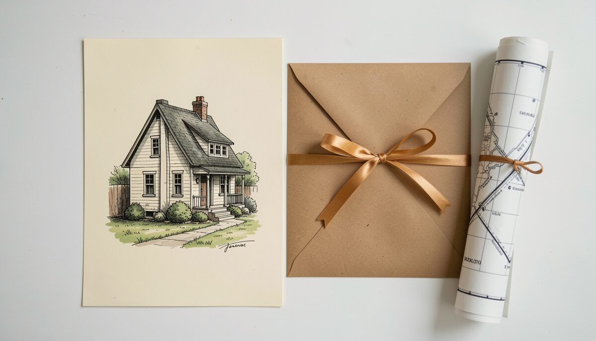 An inked house portrait laid flat beside a folded plat map and a property deed, the same house shown three different ways