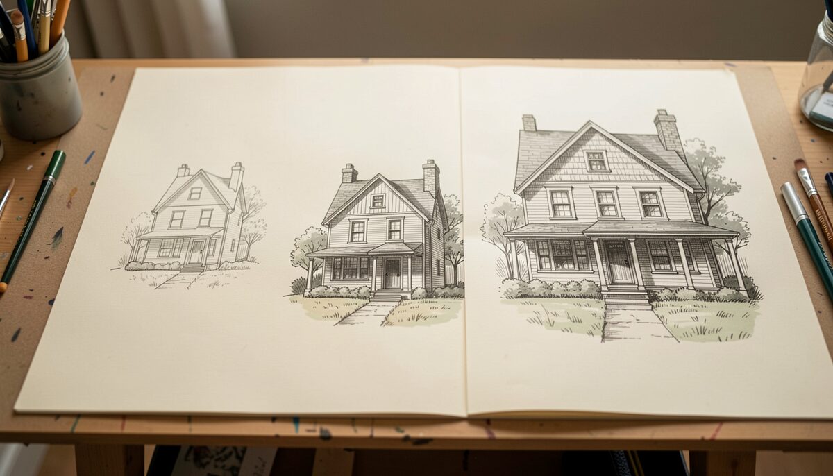 Three pen and ink house studies at different scales laid side by side on a drawing board, the smallest in a single line of hatching