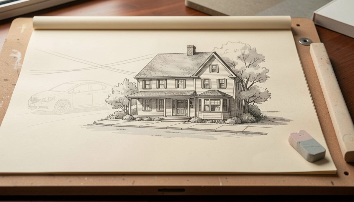 An inked house portrait with faint pencil ghosts where a car and a telephone wire were drawn out and erased from the scene